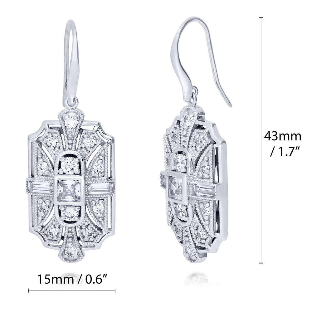 Angle view of Art Deco Milgrain CZ Fish Hook Dangle Earrings in Sterling Silver