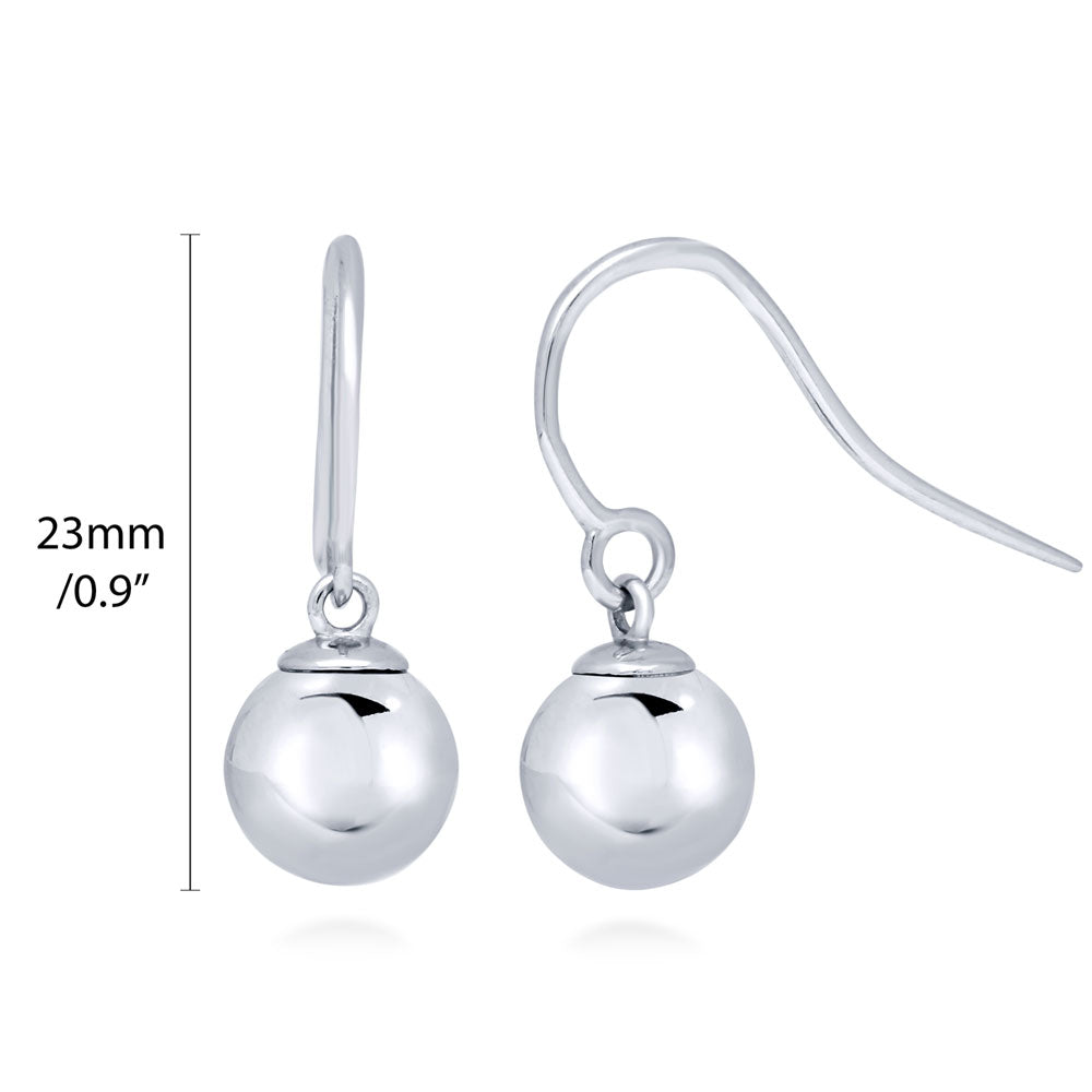 Front view of Ball Bead Fish Hook Dangle Earrings in Sterling Silver, 2 Pairs