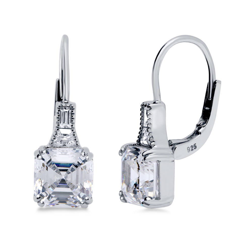 Solitaire 4ct Asscher CZ Leverback Dangle Earrings in Sterling Silver