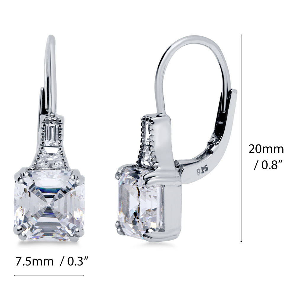 Solitaire 4ct Asscher CZ Leverback Dangle Earrings in Sterling Silver