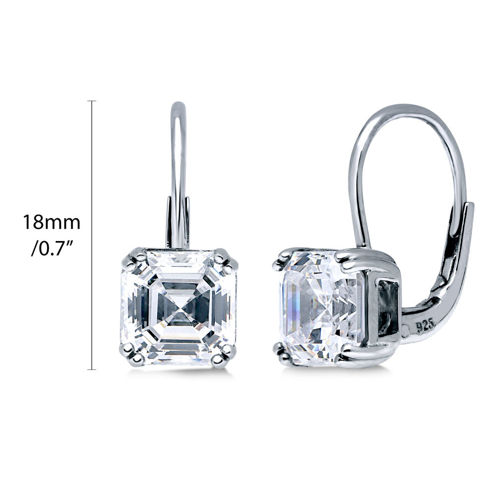 Front view of Solitaire 4ct Asscher CZ Leverback Dangle Earrings in Sterling Silver