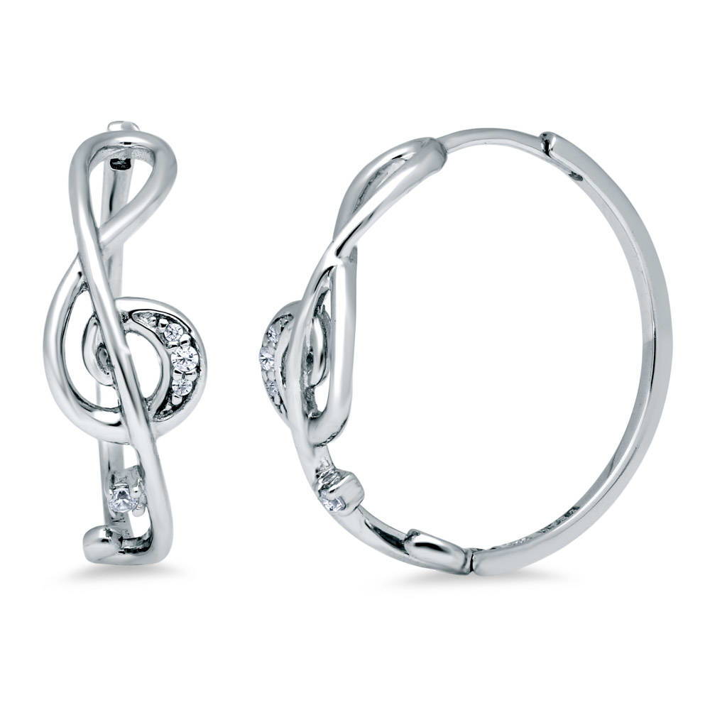 Treble Clef Music Note CZ Medium Hoop Earrings in Sterling Silver 0.9"