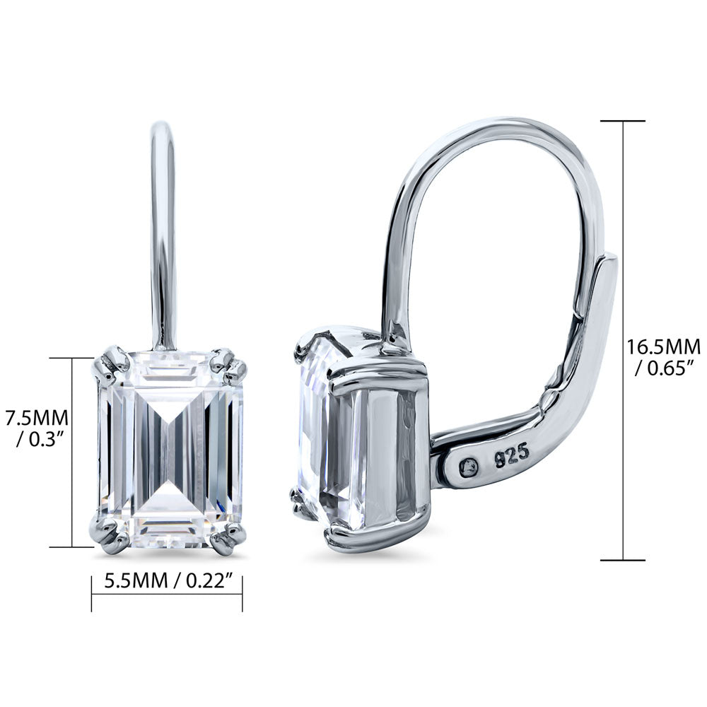 Front view of Solitaire 2.4ct Emerald Cut CZ Leverback Earrings in Sterling Silver