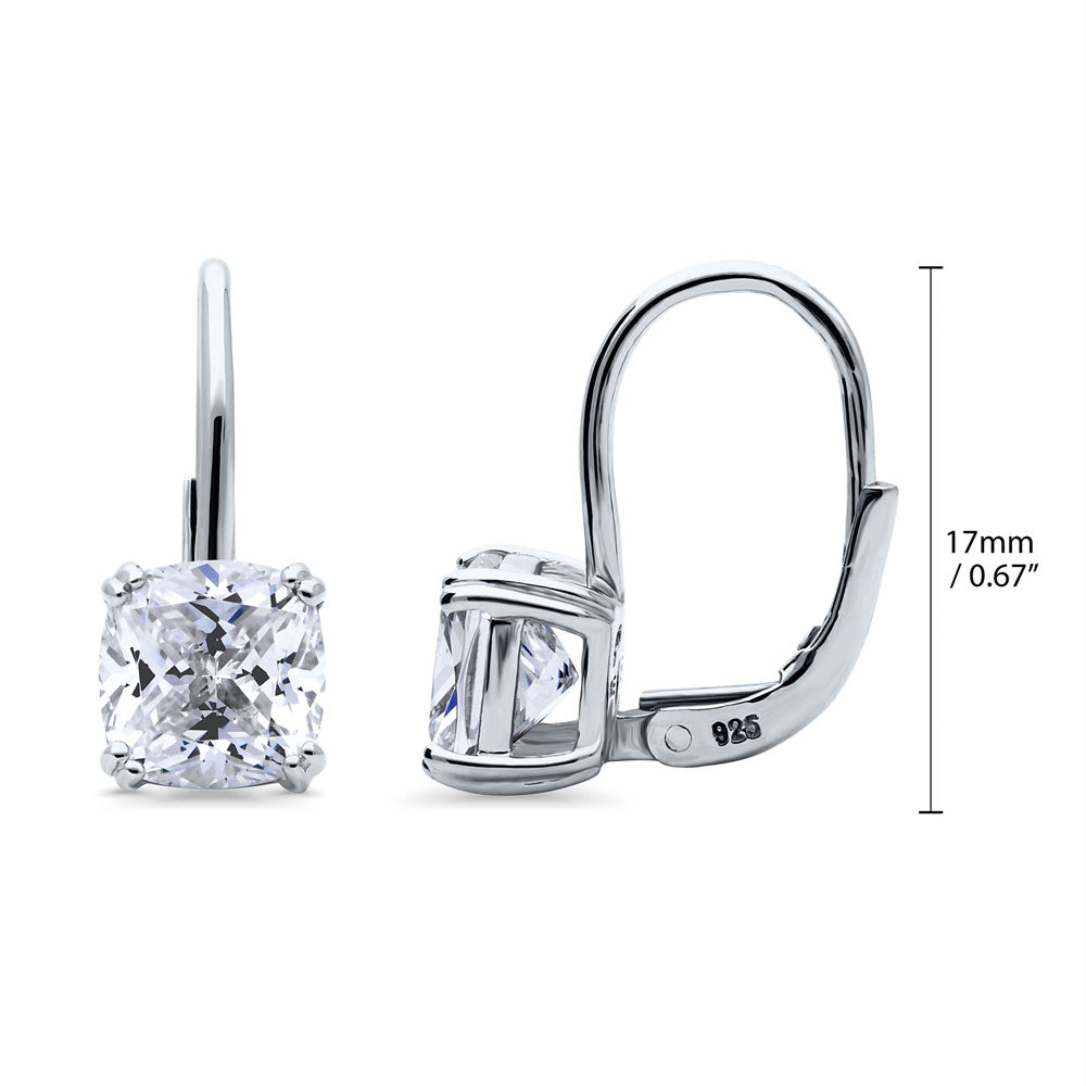 Front view of Solitaire 4ct Cushion CZ Leverback Dangle Earrings in Sterling Silver