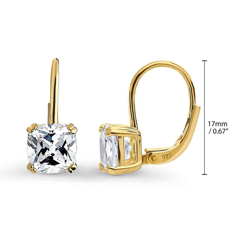Front view of Solitaire 4ct Cushion CZ Leverback Dangle Earrings in Sterling Silver