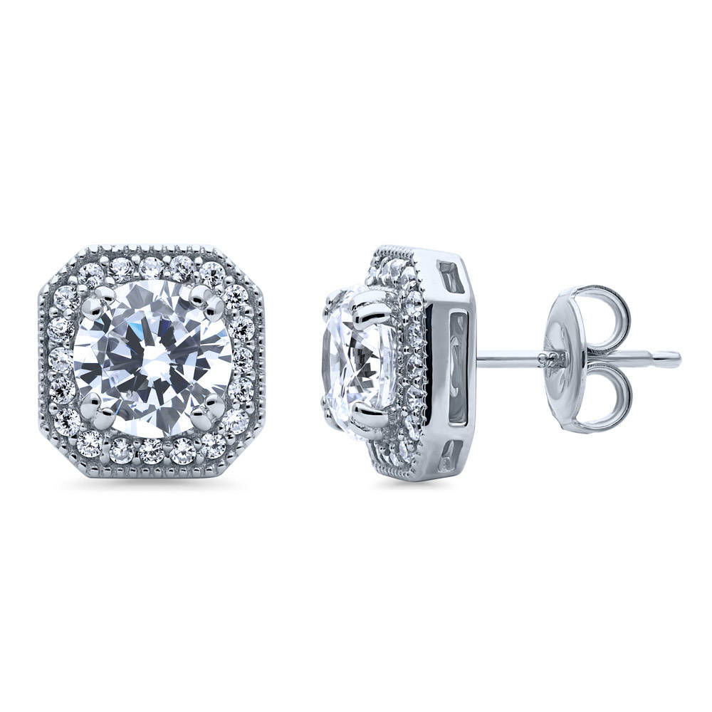 Halo Art Deco Round CZ Stud Earrings in Sterling Silver