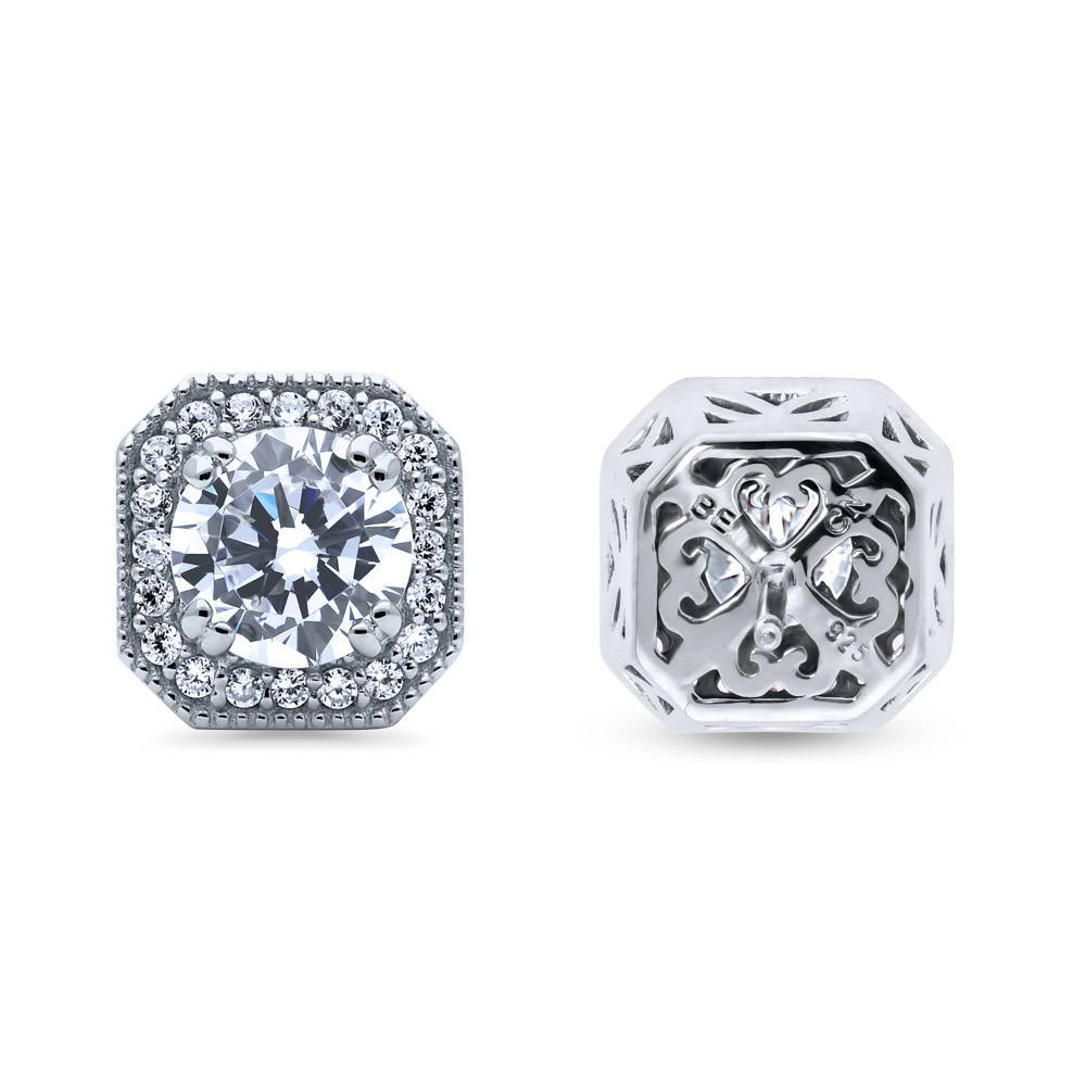 Halo Art Deco Round CZ Stud Earrings in Sterling Silver
