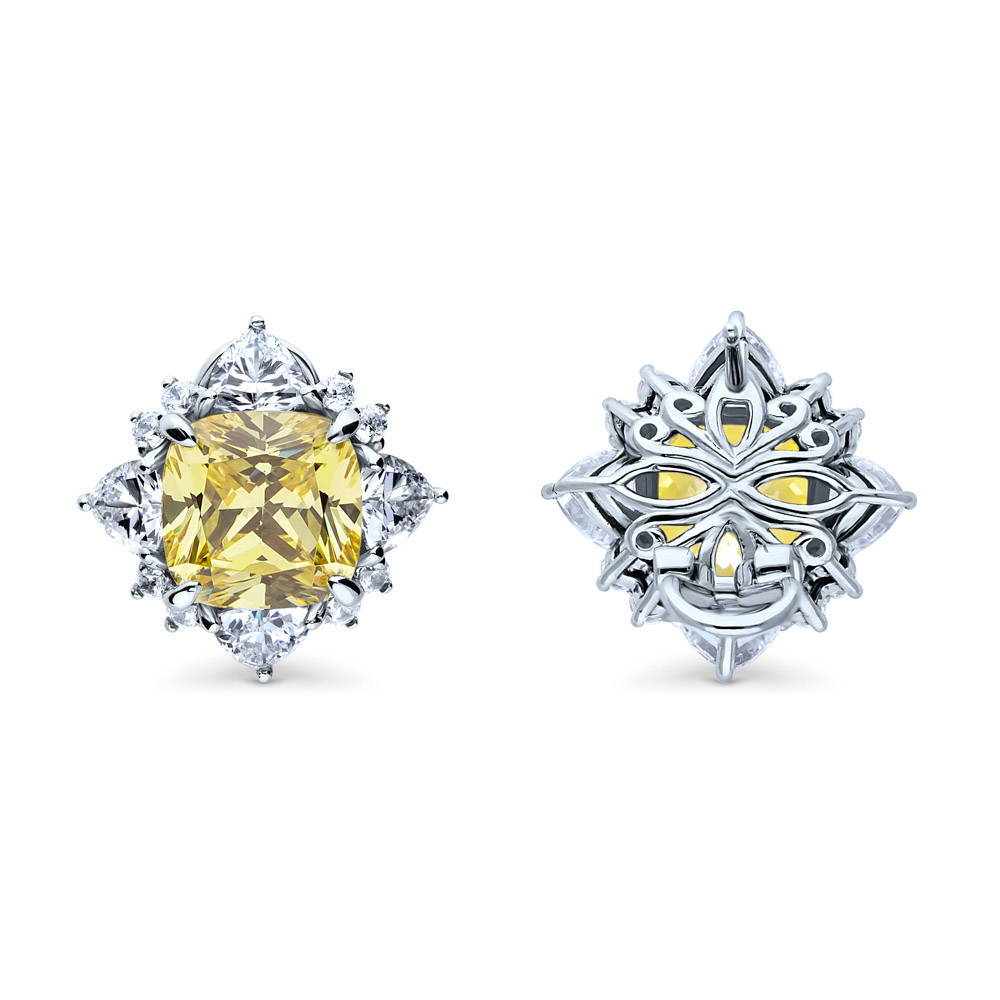 Front view of Halo Canary Cushion CZ Omega Back Stud Earrings in Sterling Silver