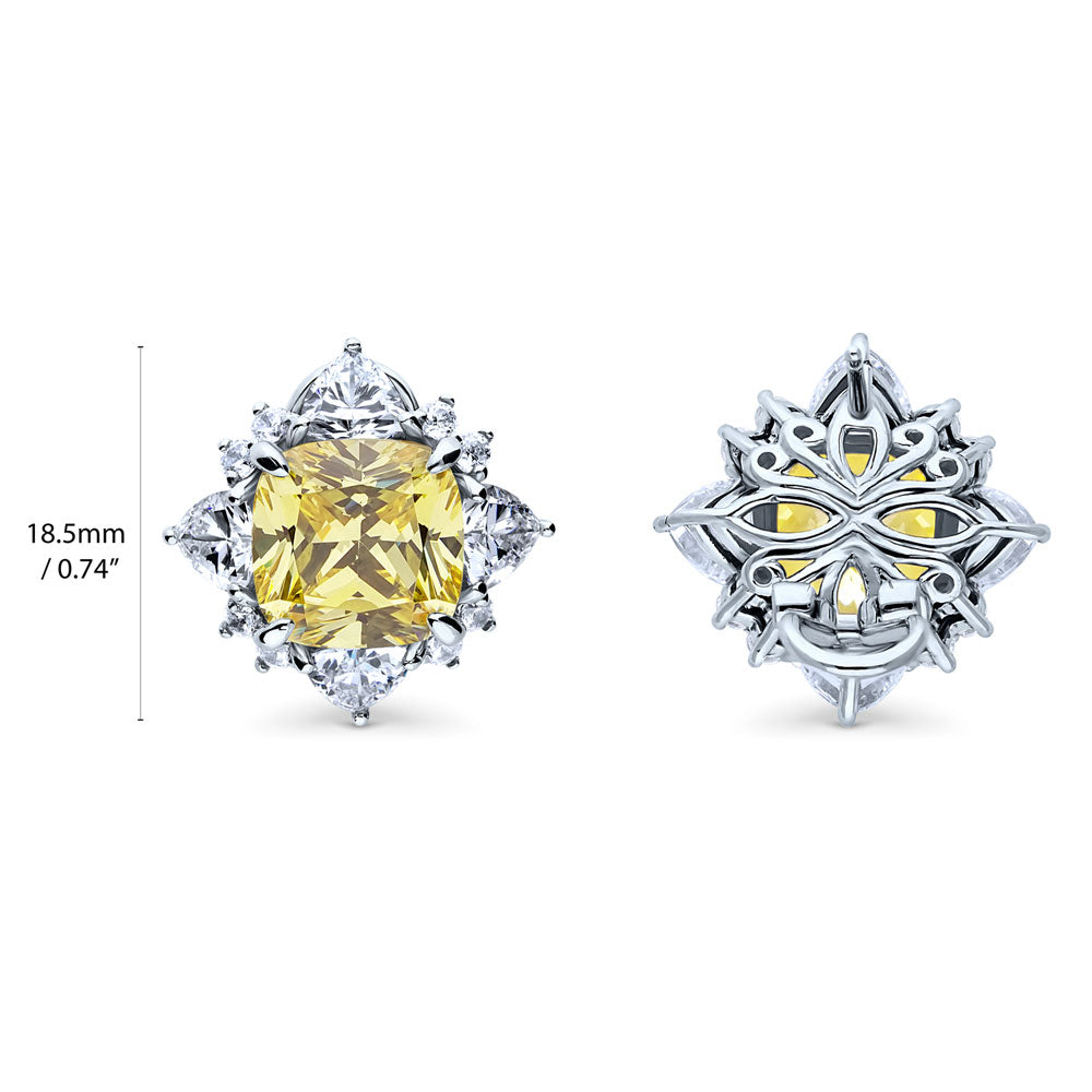 Angle view of Halo Canary Cushion CZ Omega Back Stud Earrings in Sterling Silver
