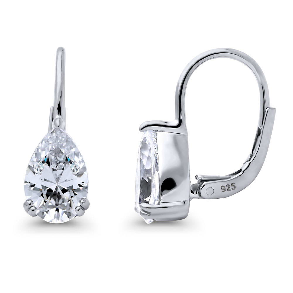 Solitaire 2.6ct Pear CZ Leverback Dangle Earrings in Sterling Silver, 1 of 7