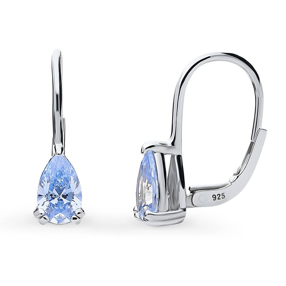 Solitaire 1.6-2.6ct Pear CZ Leverback Earrings in Sterling Silver, Greyish Blue Color