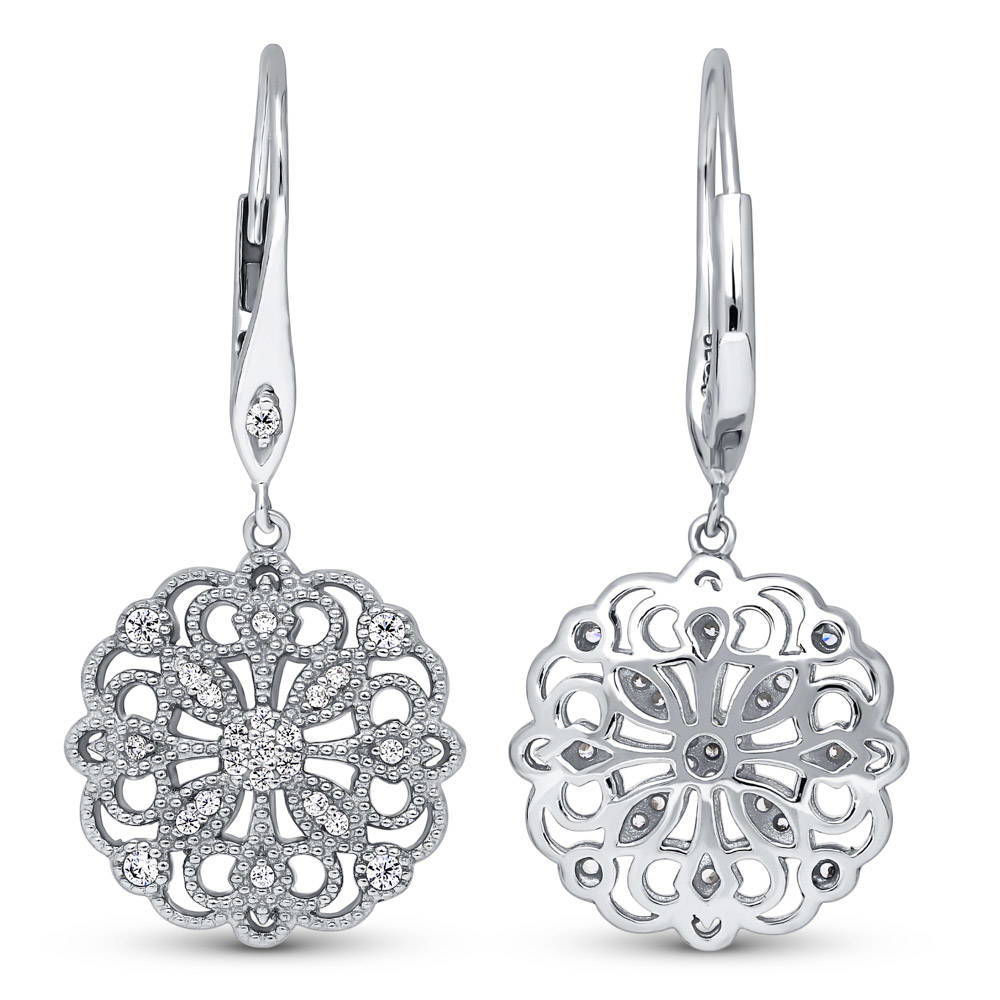 Front view of Flower Filigree CZ Leverback Dangle Earrings in Sterling Silver