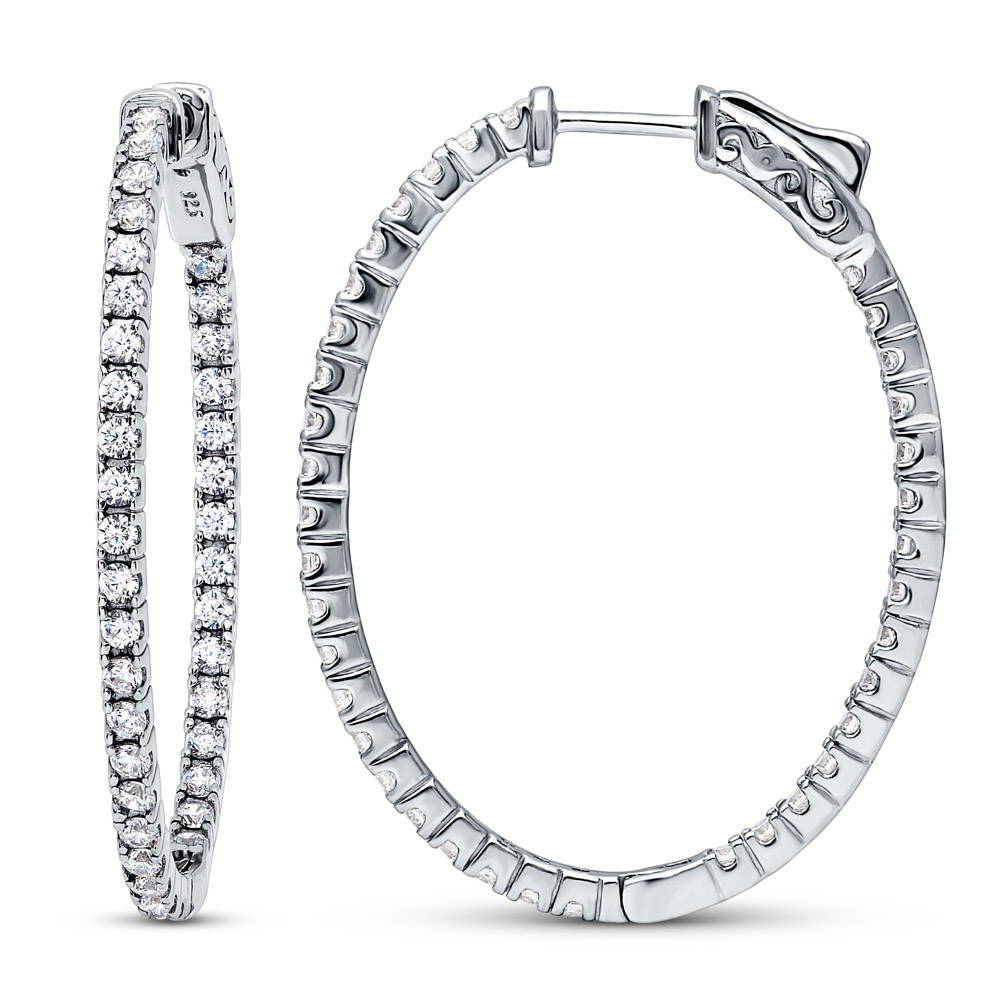 Front view of Oval CZ Inside-Out Hoop Earrings in Sterling Silver, 2 Pairs