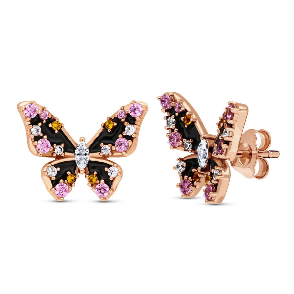 Butterfly Enamel CZ Stud Earrings in Rose Gold Flashed Sterling Silver