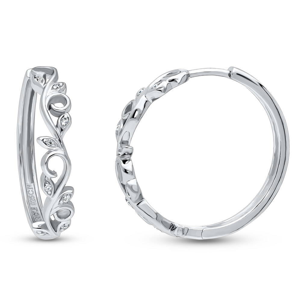 Leaf Filigree CZ Medium Hoop Earrings in Sterling Silver 0.98 inch