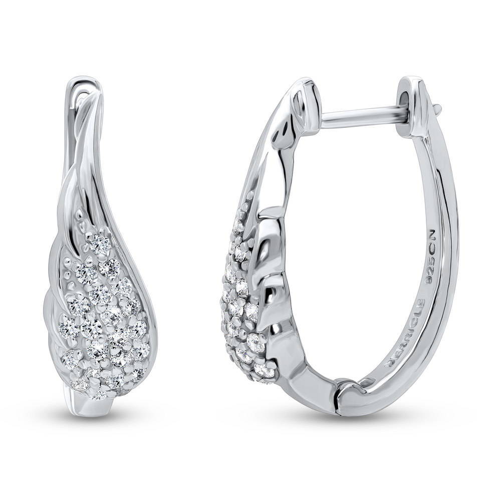 Oval Angel Wings CZ Medium Hoop Earrings in Sterling Silver 0.8 inch