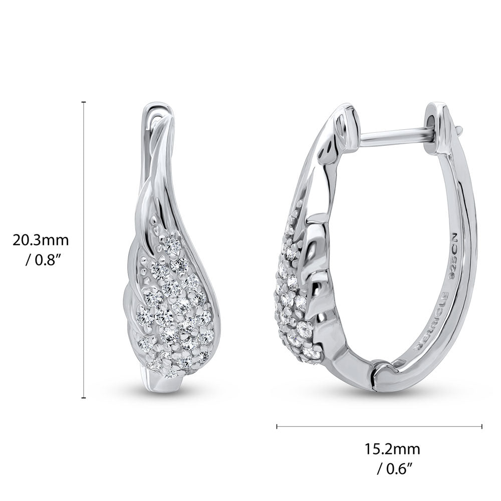 Front view of Oval Angel Wings CZ Medium Hoop Earrings in Sterling Silver 0.8 inch