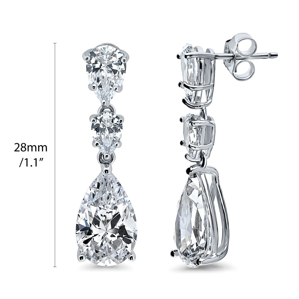 Front view of 3-Stone Graduated Pear CZ Dangle Earrings in Sterling Silver