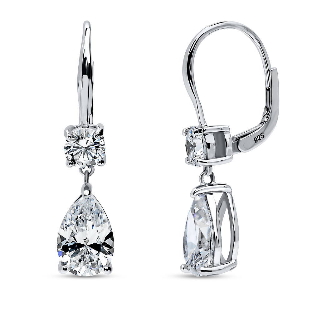 Solitaire 3.6ct Pear CZ Leverback Dangle Earrings in Sterling Silver, 1 of 3