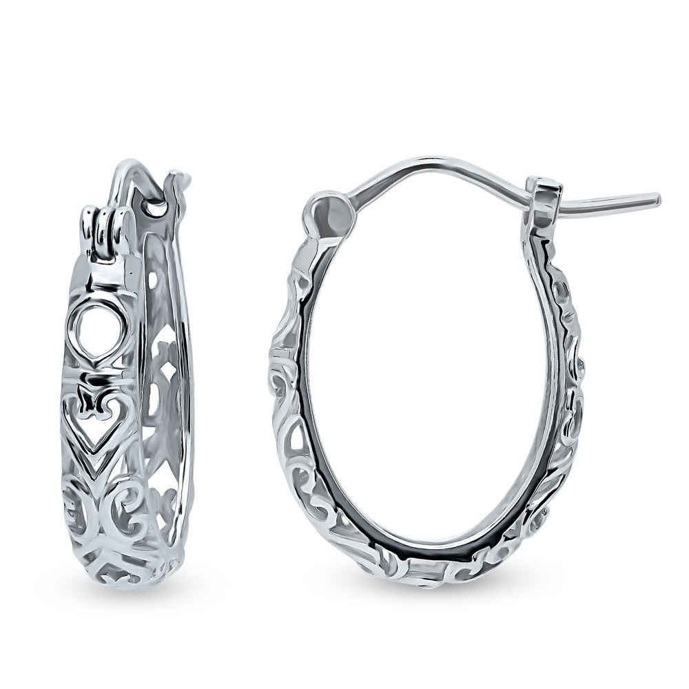 Oval Filigree Medium Hoop Earrings in Sterling Silver 0.77 inch