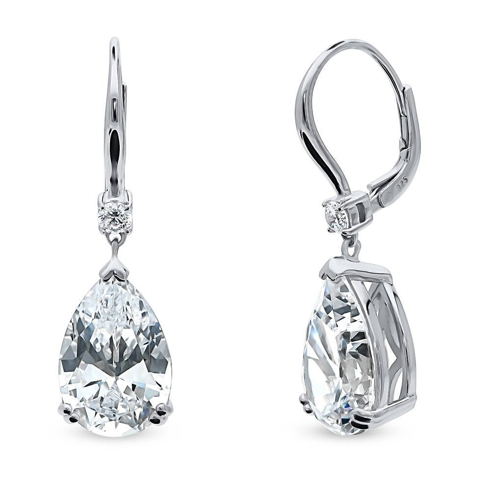 Solitaire 11.4ct Pear CZ Leverback Dangle Earrings in Sterling Silver, 1 of 5