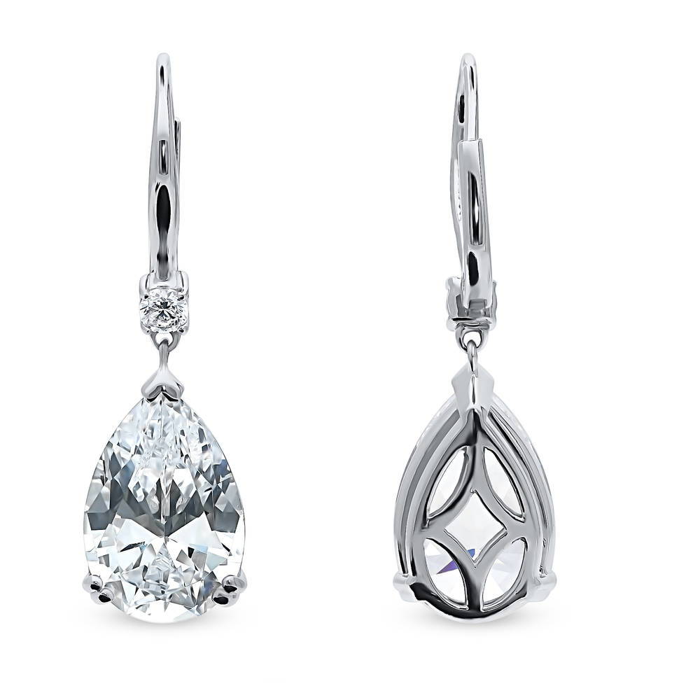 Front view of Solitaire 11.4ct Pear CZ Leverback Dangle Earrings in Sterling Silver