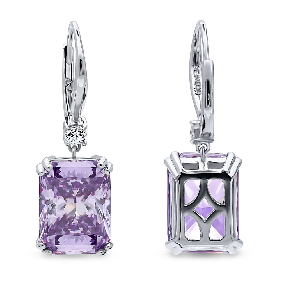 Front view of Solitaire Purple Radiant CZ Leverback Earrings in Sterling Silver 17ct