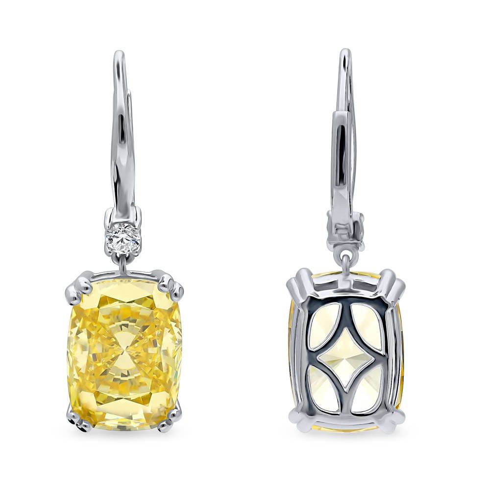Front view of Solitaire Canary Cushion CZ Leverback Earrings in Sterling Silver 18ct