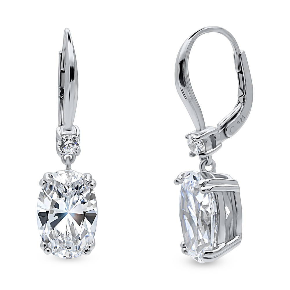 Solitaire 6ct Oval CZ Leverback Dangle Earrings in Sterling Silver