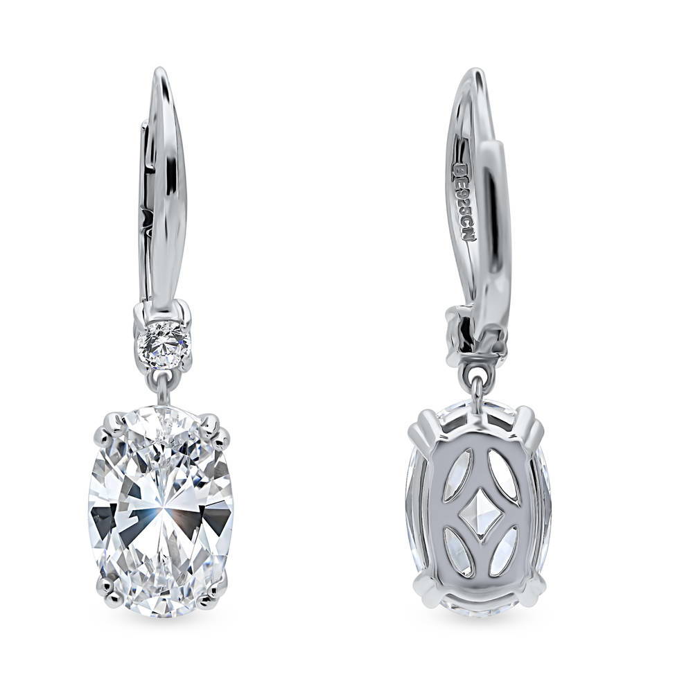 Front view of Solitaire 6ct Oval CZ Leverback Dangle Earrings in Sterling Silver