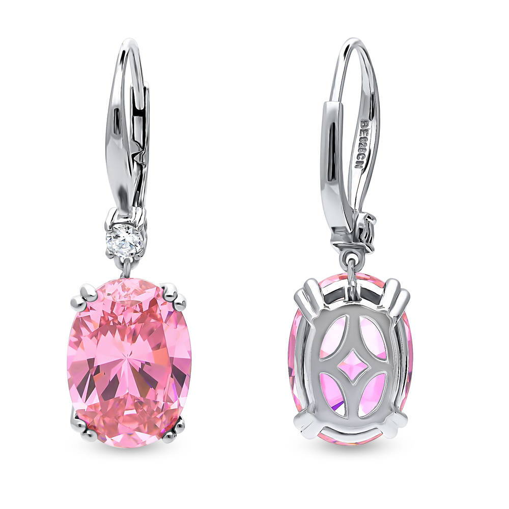 Front view of Solitaire Pink Oval CZ Leverback Earrings in Sterling Silver 11.6ct