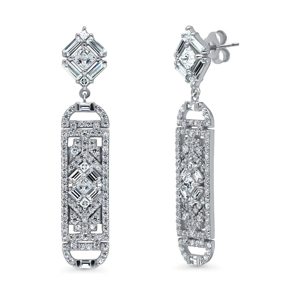 Bar Art Deco CZ Dangle Earrings in Sterling Silver