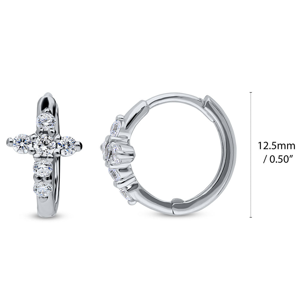 Front view of Cross CZ Small Huggie Earrings in Sterling Silver 0.5 inch