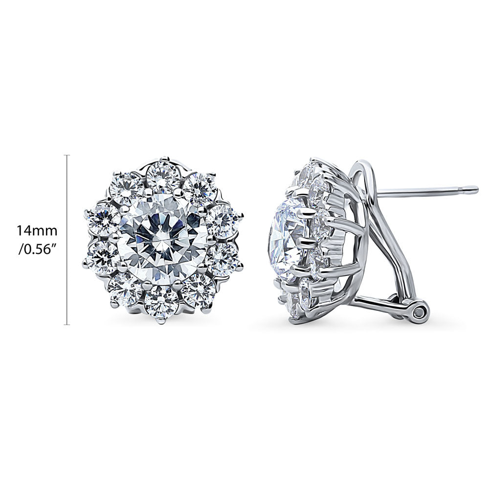 Front view of Flower Halo CZ Omega Back Stud Earrings in Sterling Silver