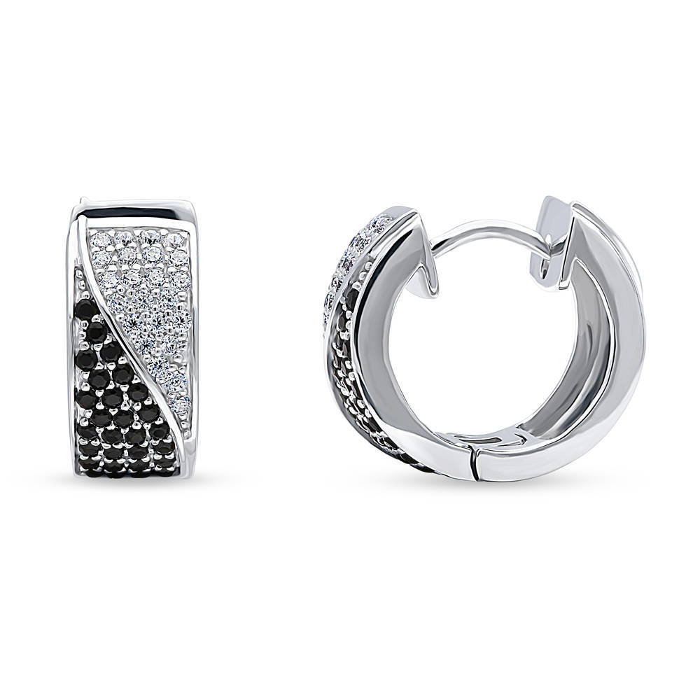 Black and White CZ Small Huggie Earrings in Sterling Silver 0.58"