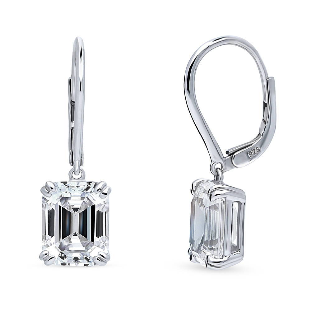 Solitaire 7.6ct Emerald Cut CZ Leverback Earrings in Sterling Silver