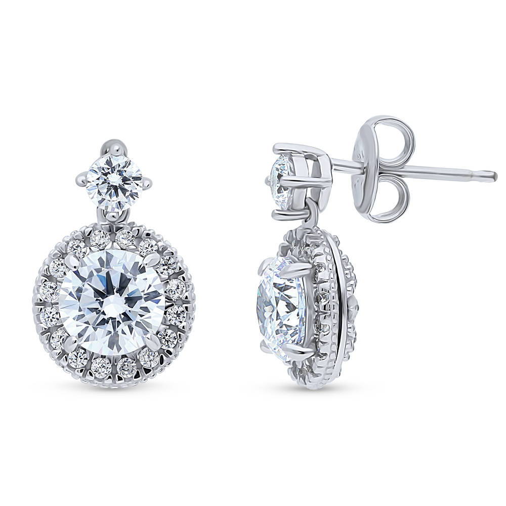 Halo Milgrain Round CZ Dangle Earrings in Sterling Silver