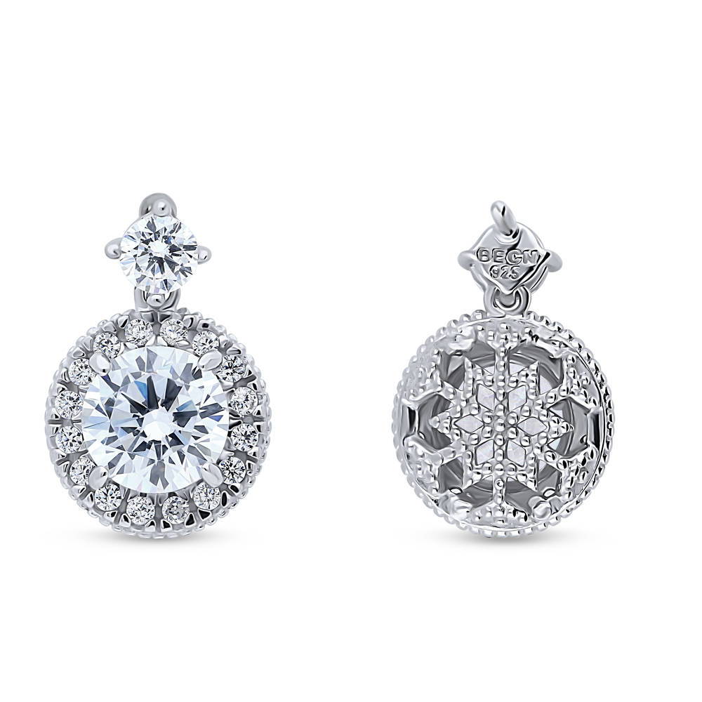 Halo Milgrain Round CZ Dangle Earrings in Sterling Silver