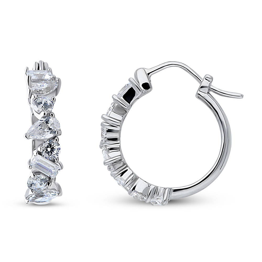 Cluster CZ Medium Hoop Earrings in Sterling Silver 0.8"