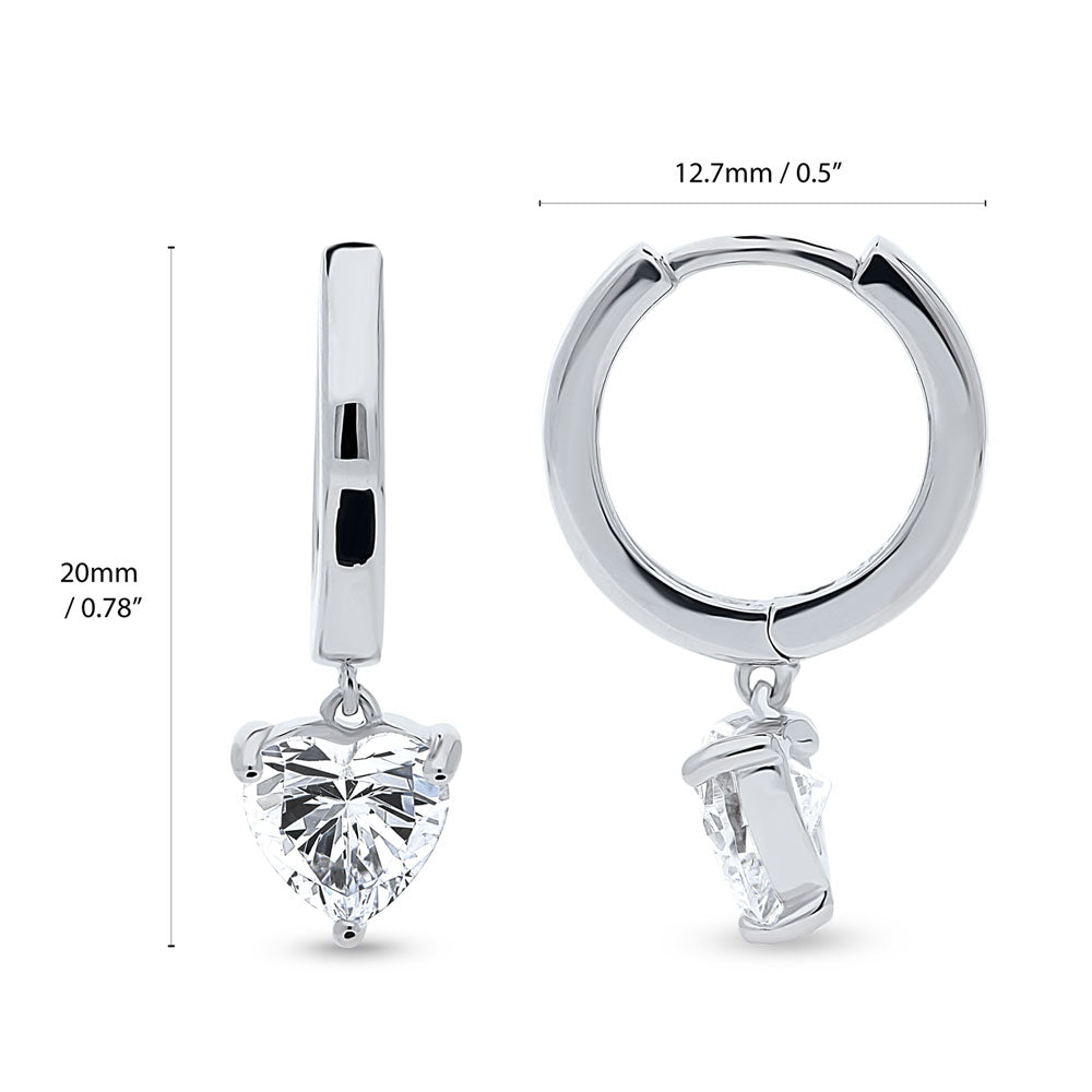 Front view of Solitaire 1.4ct Heart CZ Dangle Earrings in Sterling Silver