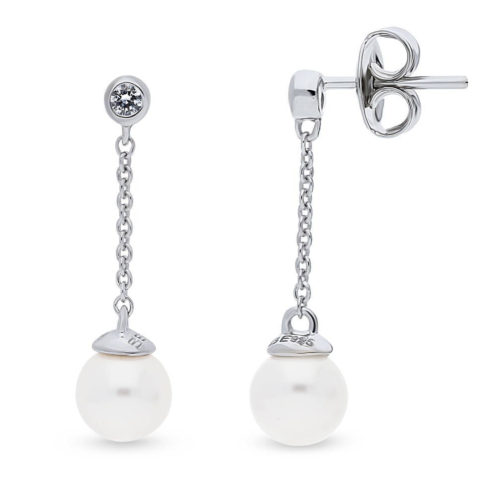 Solitaire White Round Imitation Pearl Earrings in Sterling Silver