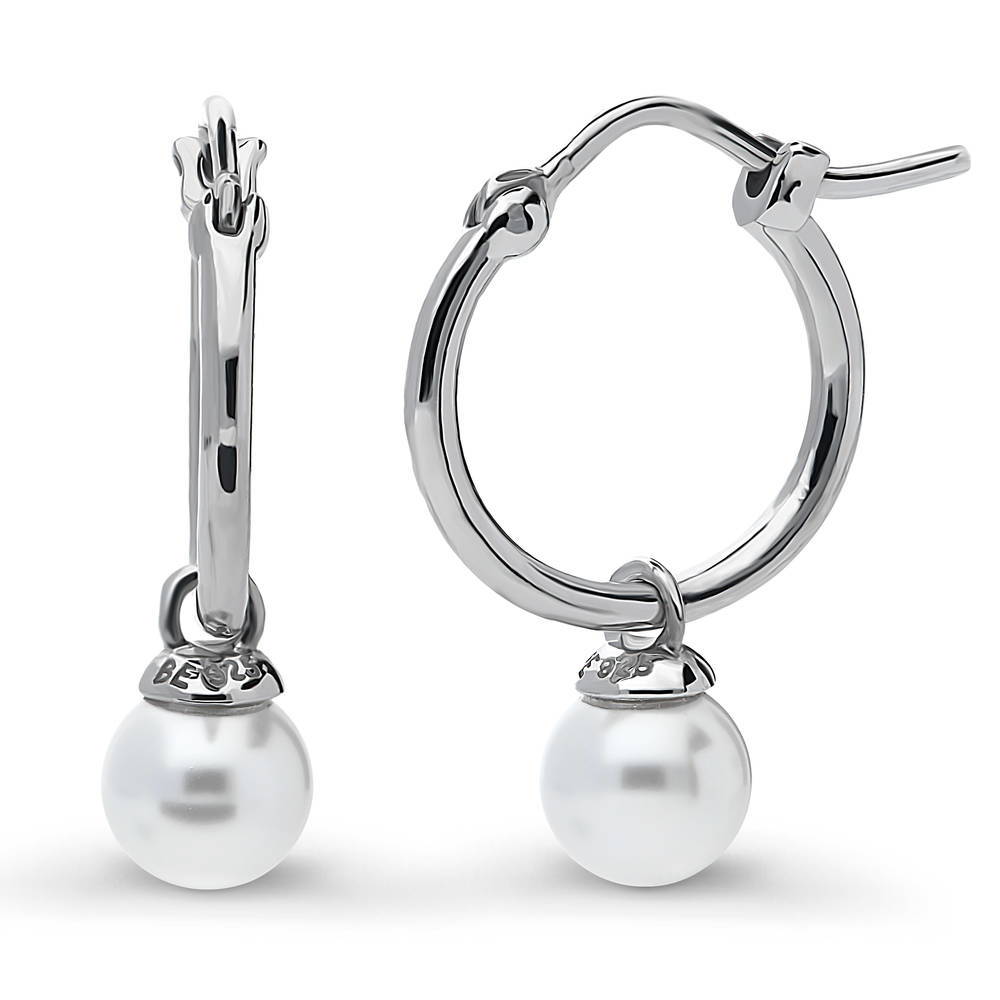 Solitaire White Round Imitation Pearl Earrings in Sterling Silver, 1 of 4