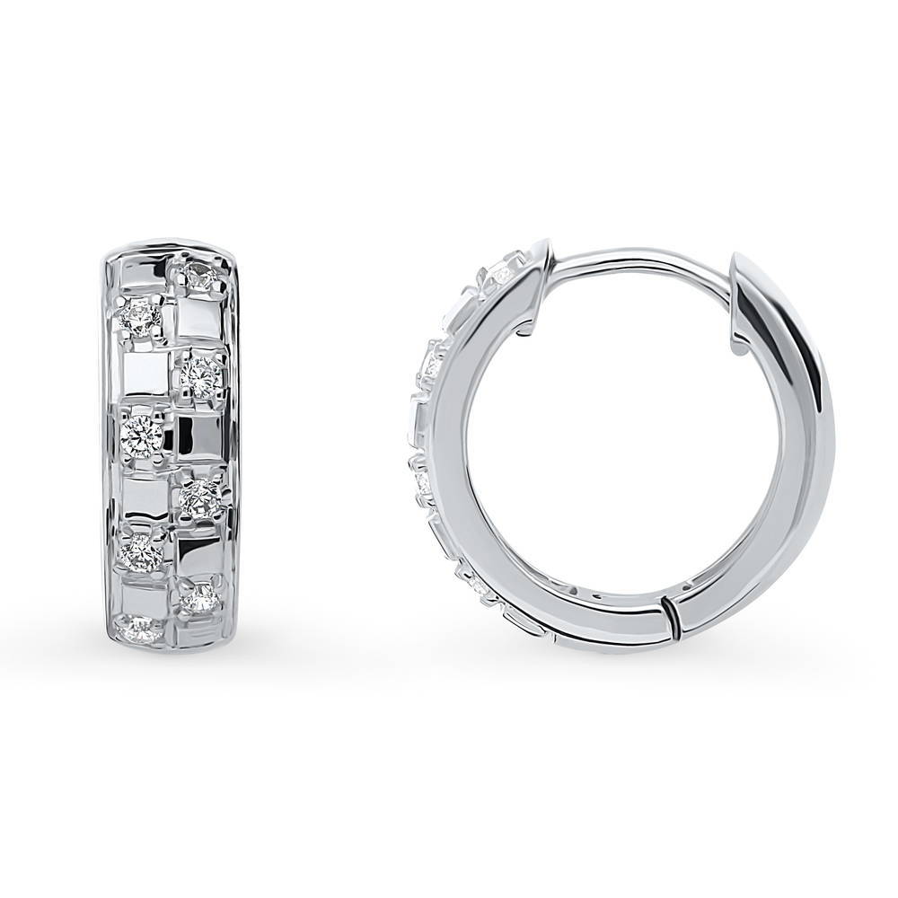 Front view of Checkerboard CZ Medium Hoop Earrings in Sterling Silver 0.6 inch, 4 of 9