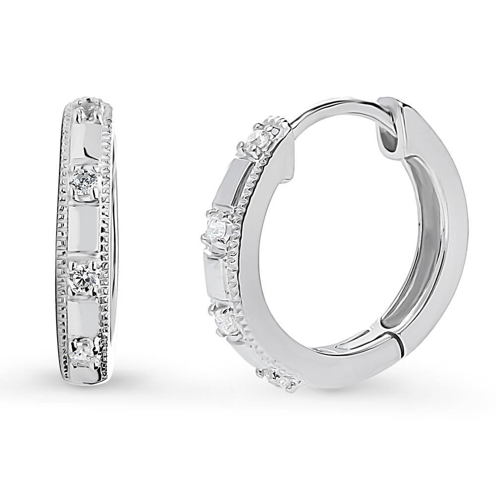 Milgrain CZ Medium Hoop Earrings in Sterling Silver 0.6"