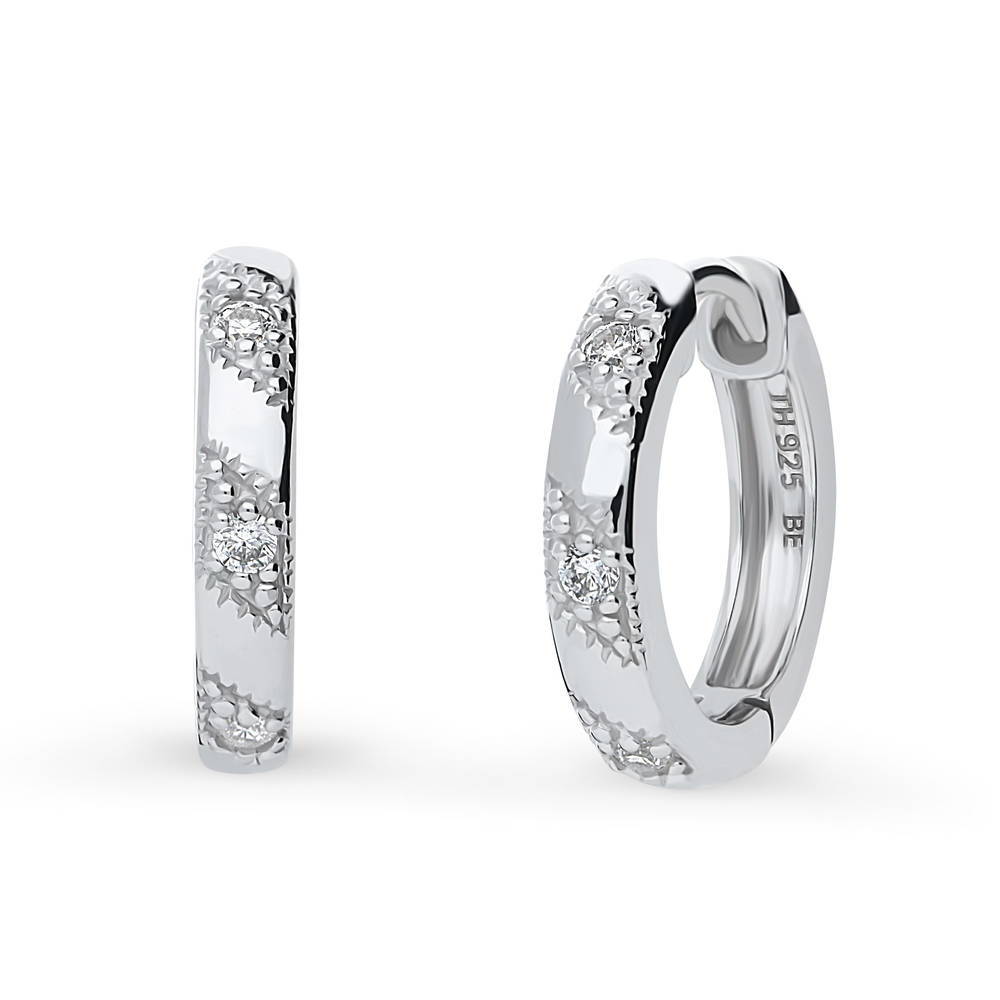 Bead CZ Medium Hoop Earrings in Sterling Silver 0.6 inch