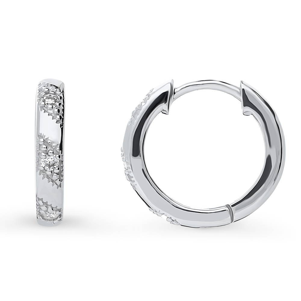 Front view of Bead CZ Medium Hoop Earrings in Sterling Silver 0.6 inch