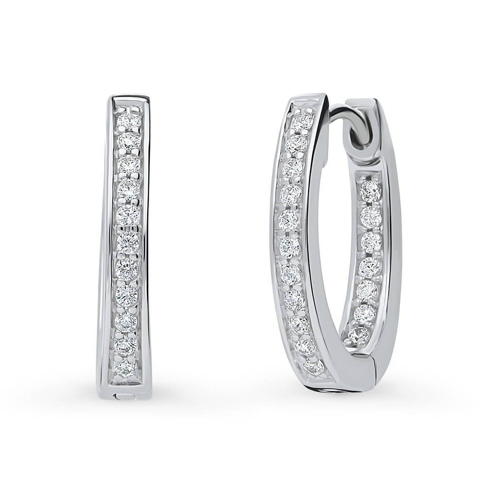 Oval Bar CZ Medium Hoop Earrings in Sterling Silver 0.65"