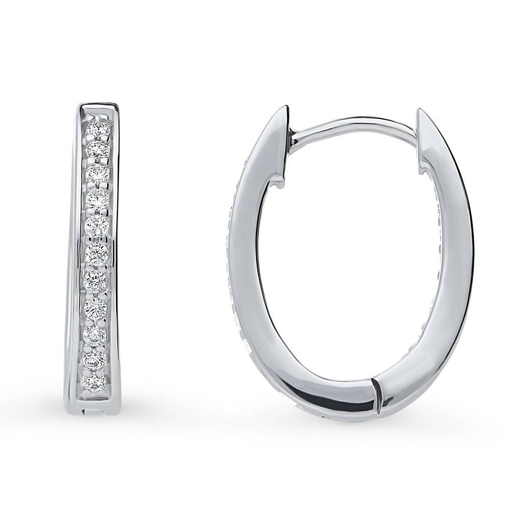 Oval Bar CZ Medium Hoop Earrings in Sterling Silver 0.65"