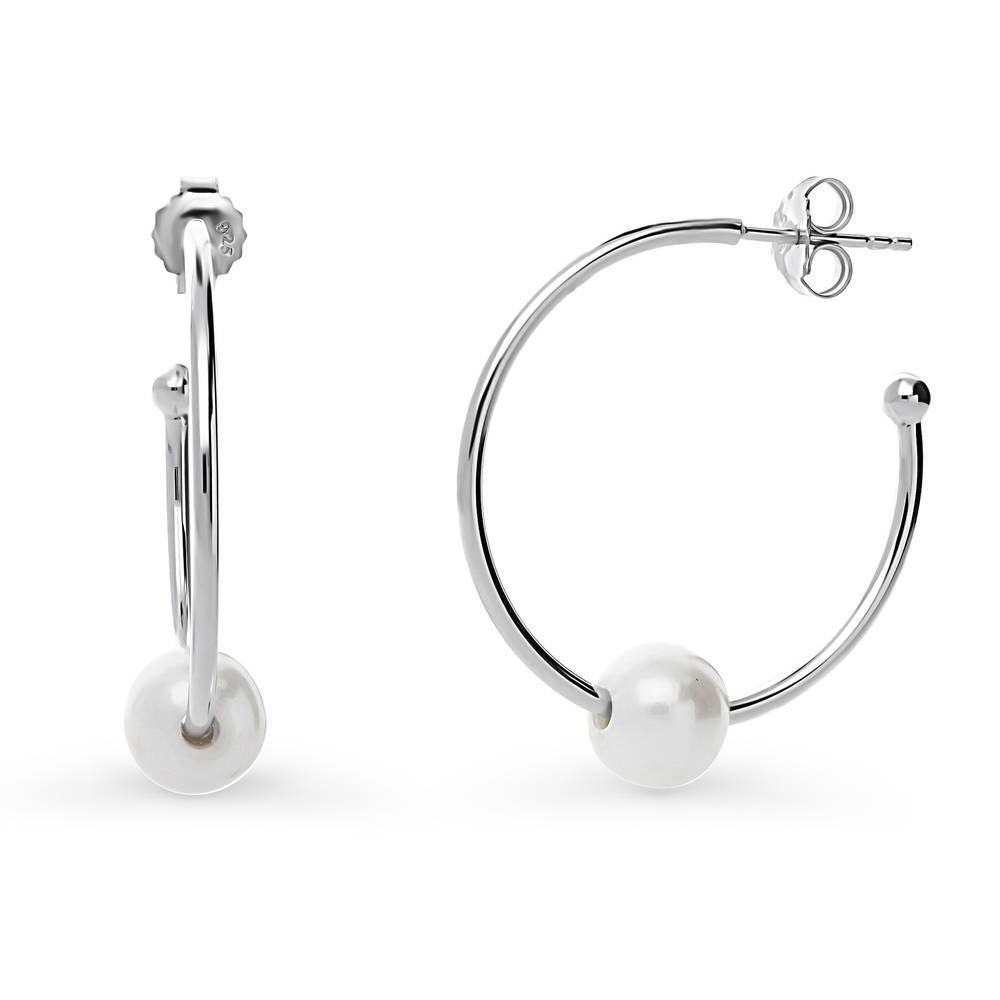 Solitaire Cultured Pearl Half Hoop Earrings in Sterling Silver 1.15 inch