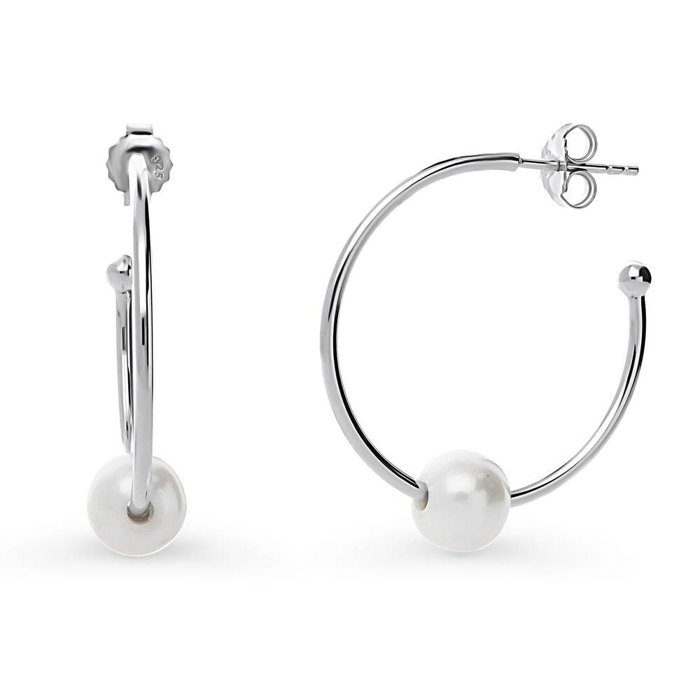 Solitaire Cultured Pearl Half Hoop Earrings in Sterling Silver 1.15"